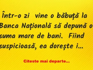 Banc: Într-o zi  vine o băbuță la Banca Națională să depună o suma mare de…