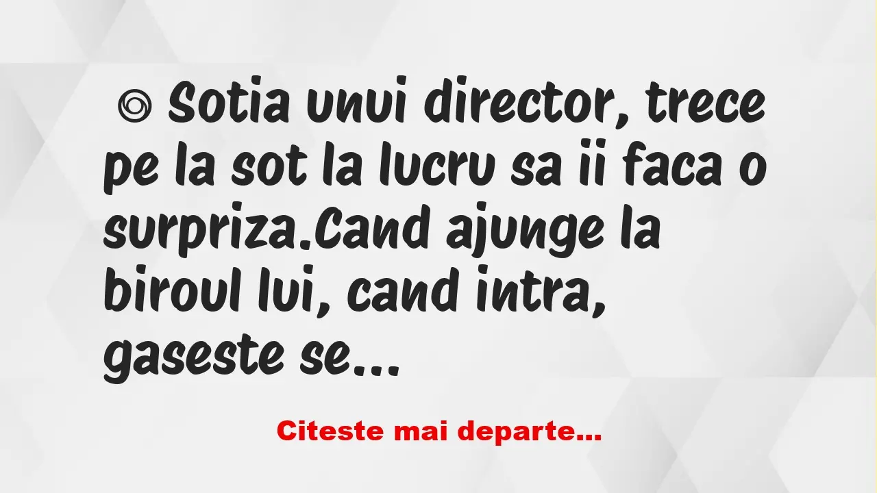 Banc: Sotia unui director, trece pe la sot la lucru sa ii faca o surpriza. -… Banc: Sotia unui director, trece pe la sot la lucru sa ii faca o surpriza. -…