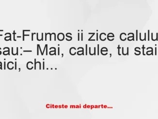 Banc: Fat-Frumos ii zice calului sau: – Mai, calule, tu stai aici, chiar pe…