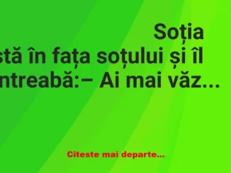Banc: Soția stă în fața soțului și îl întreabă: – Ai mai văzut vreodată o…