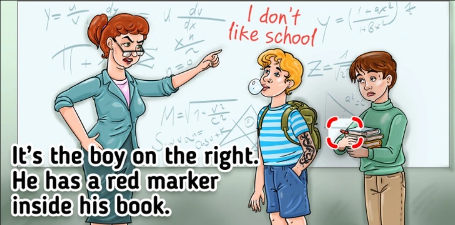 Two boys standing by a teacher in a classroom puzzle