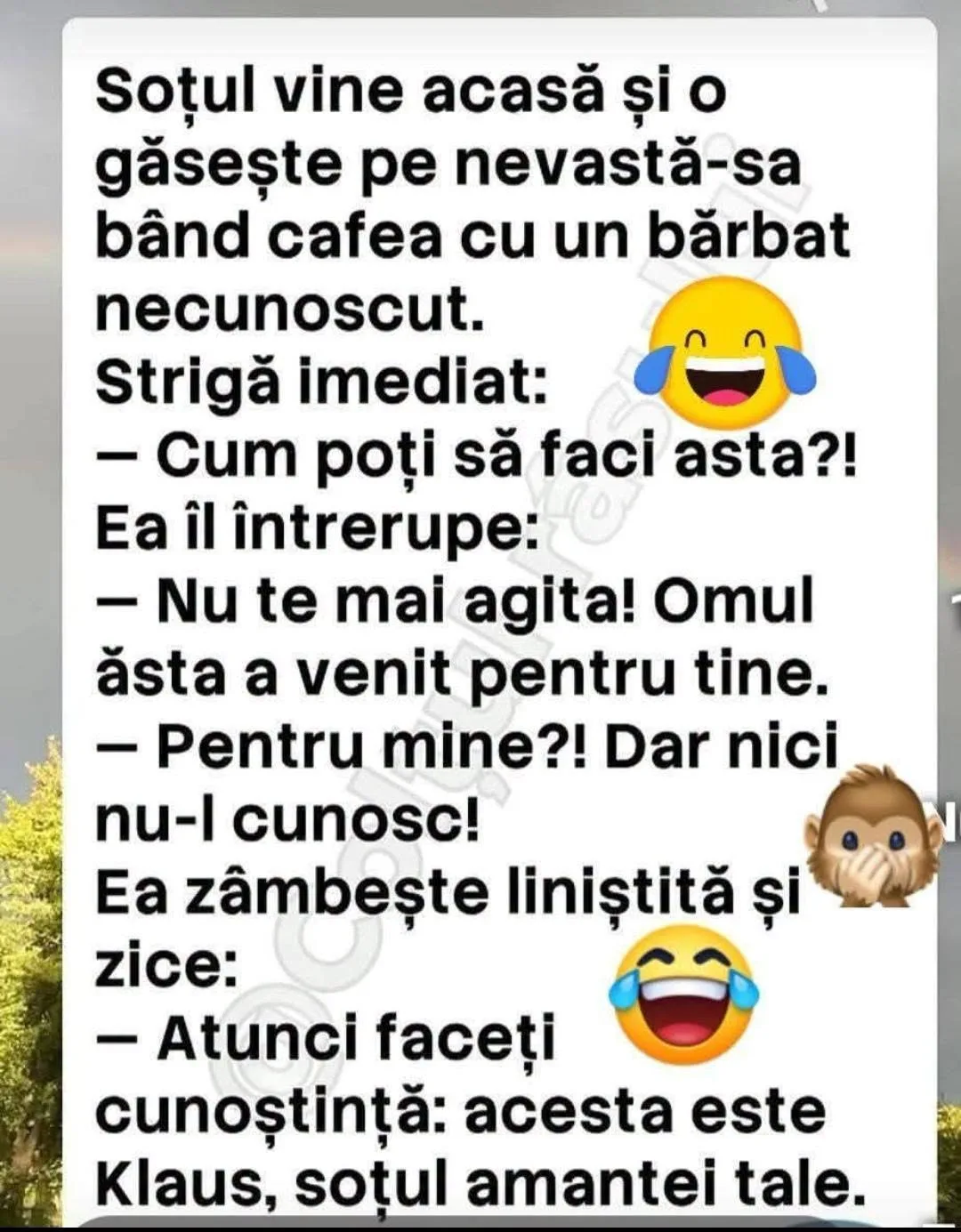Soțul vine acasă și o găsește pe nevastă-sa bând cafea cu un bărbat necunoscut...