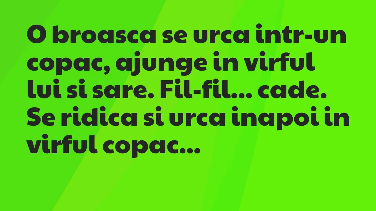 Banc: O broasca se urca intr-un copac, ajunge in virful lui si sare. Fil-fil…