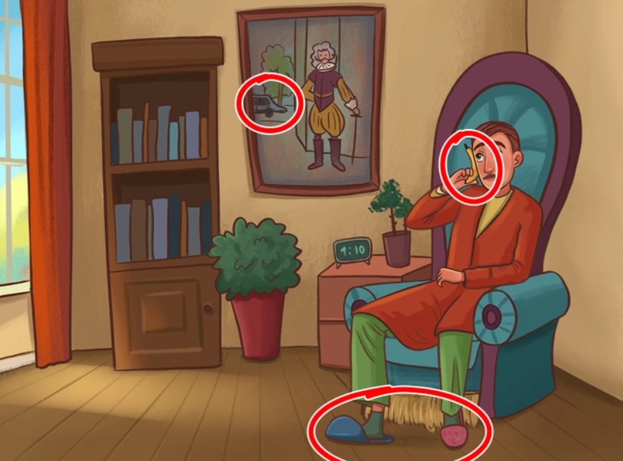 Spot-the-mistake puzzle with a man sitting in an armchair
