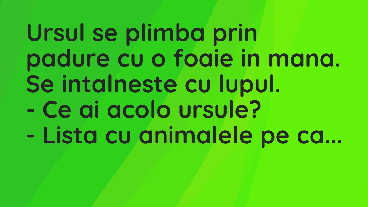 Banc: Ursul se plimba prin padure cu o foaie in mana. Se intalneste cu lupul…