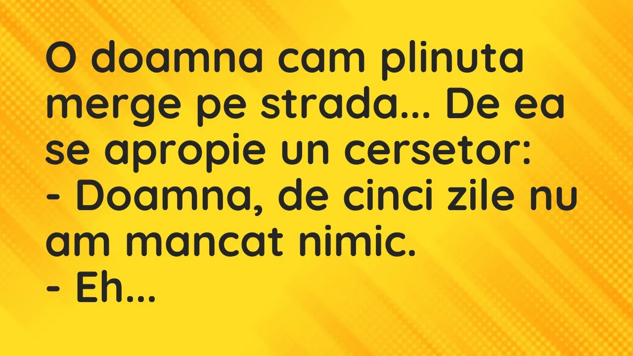 Bancuri: O doamna cam plinuta merge pe strada… De ea se apropie un cersetor…