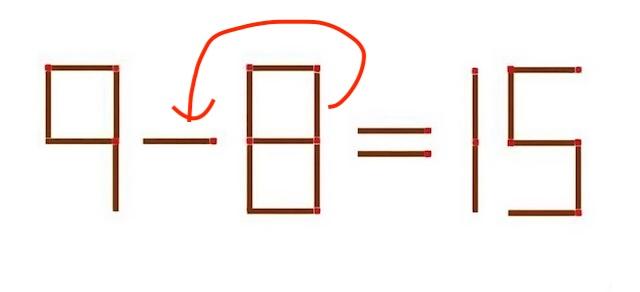 Matchstick puzzle solution showing 9 + 6 = 15