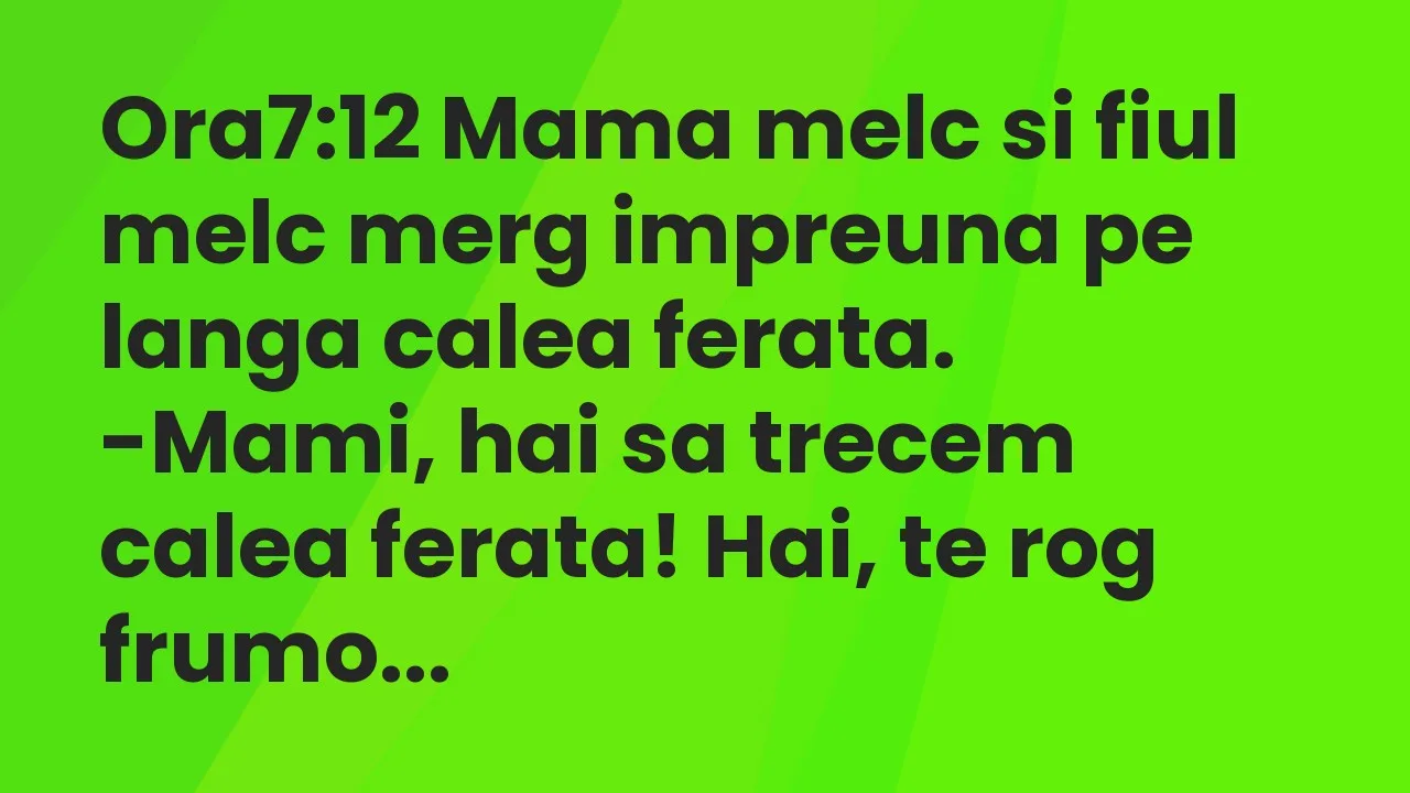 Banc: Ora7:12 Mama melc si fiul melc merg impreuna pe langa calea ferata…