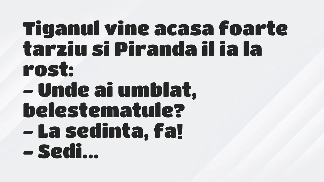 Bancuri: Tiganul vine acasa foarte tarziu si Piranda il ia la rost…